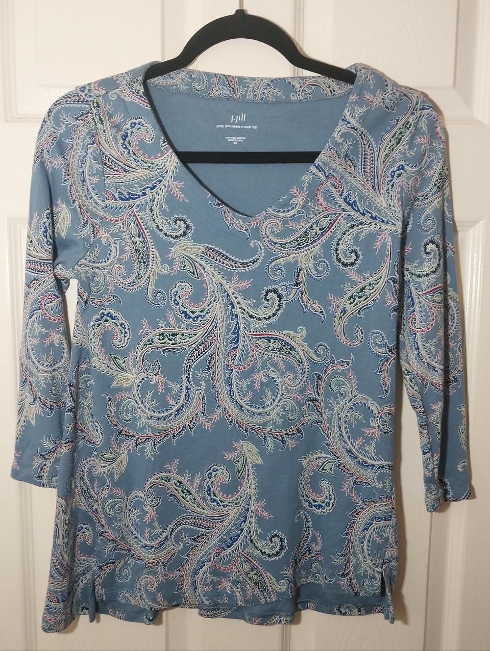J. Jill Dusty Blue Paisley V-Neck 3/4 Sleeve Top Size S